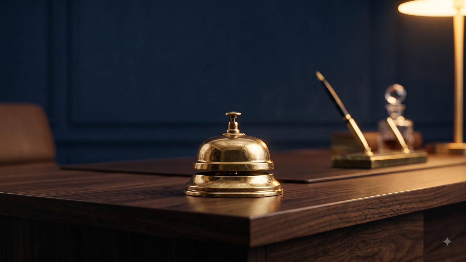 A brass service bell on a walnut desk against a deep navy wall