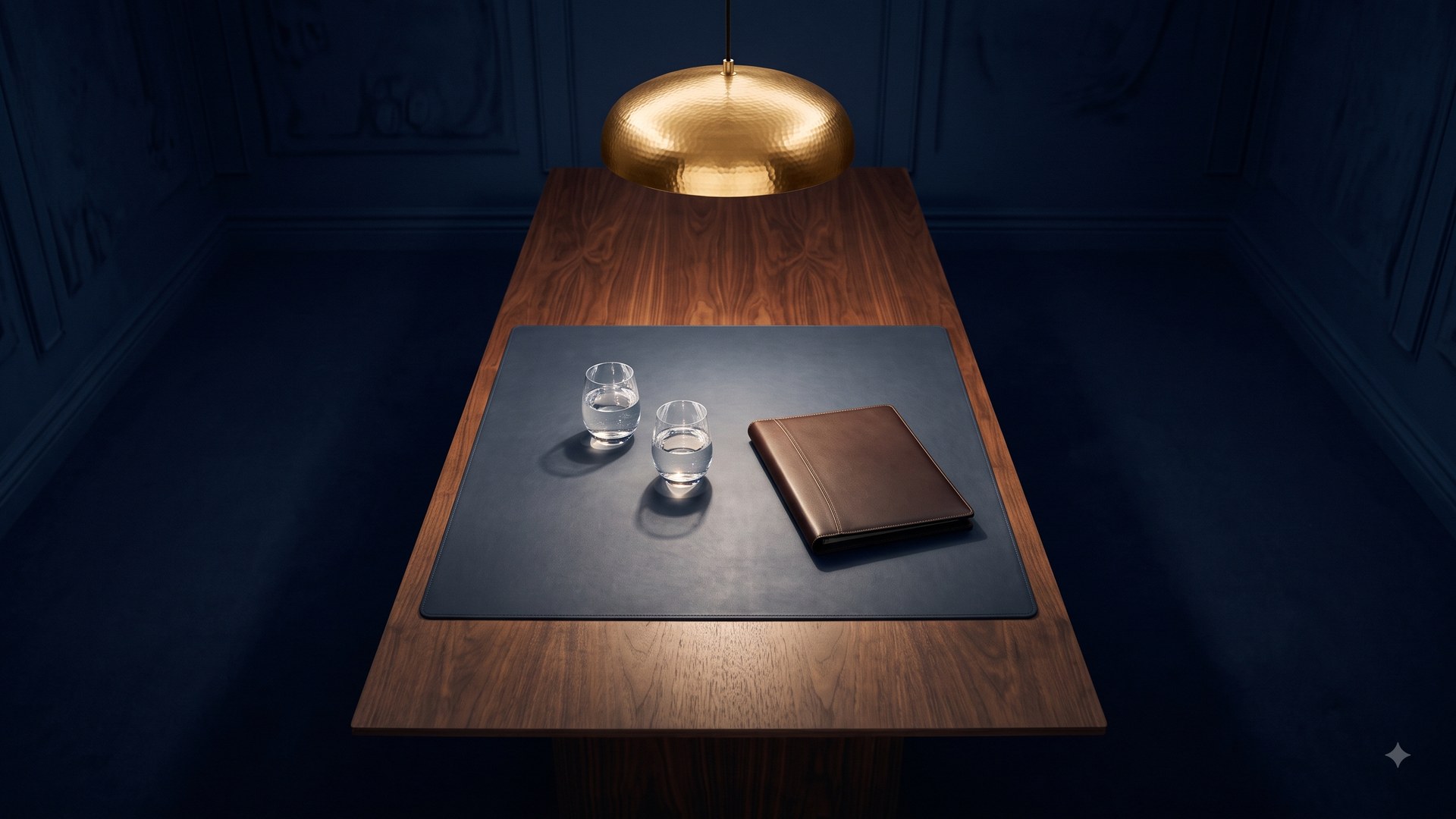 A walnut boardroom table lit by a brass pendant lamp in a deep navy room