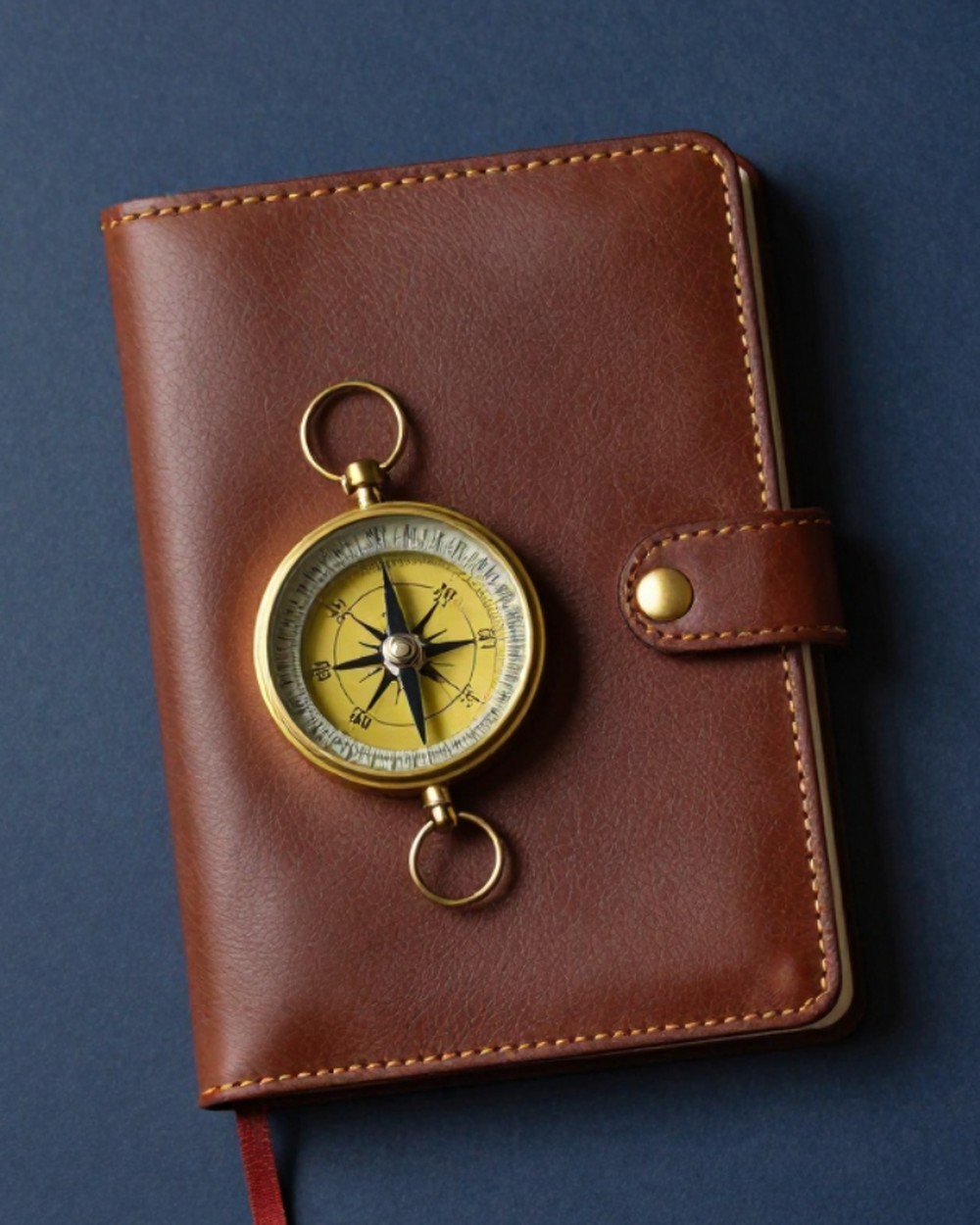 A brass compass resting on a leather journal against a deep navy background