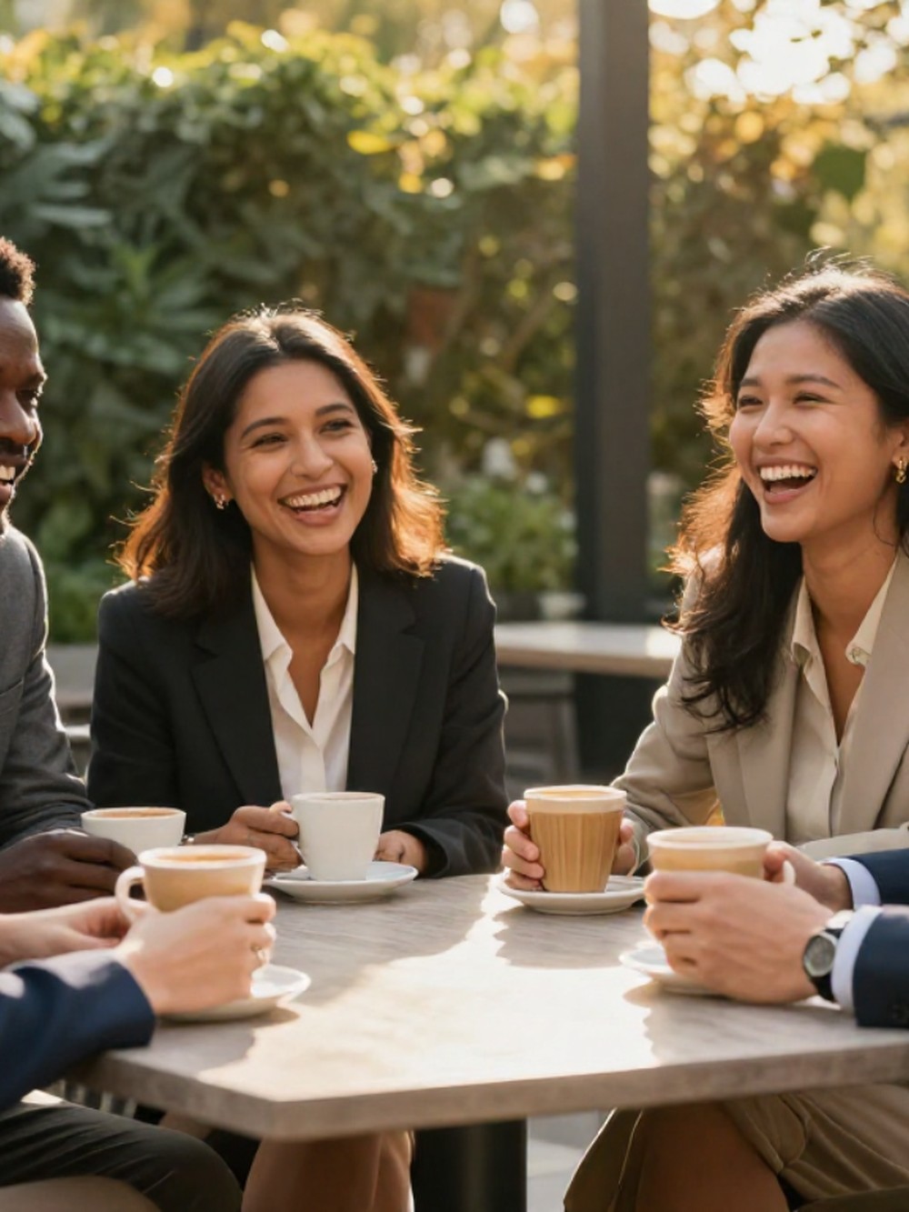 Colleagues laughing together over coffee around an outdoor table