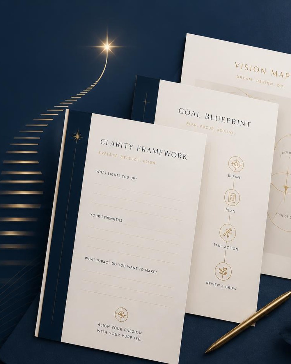 Worksheets from the Aura Toolkit laid out on a navy surface