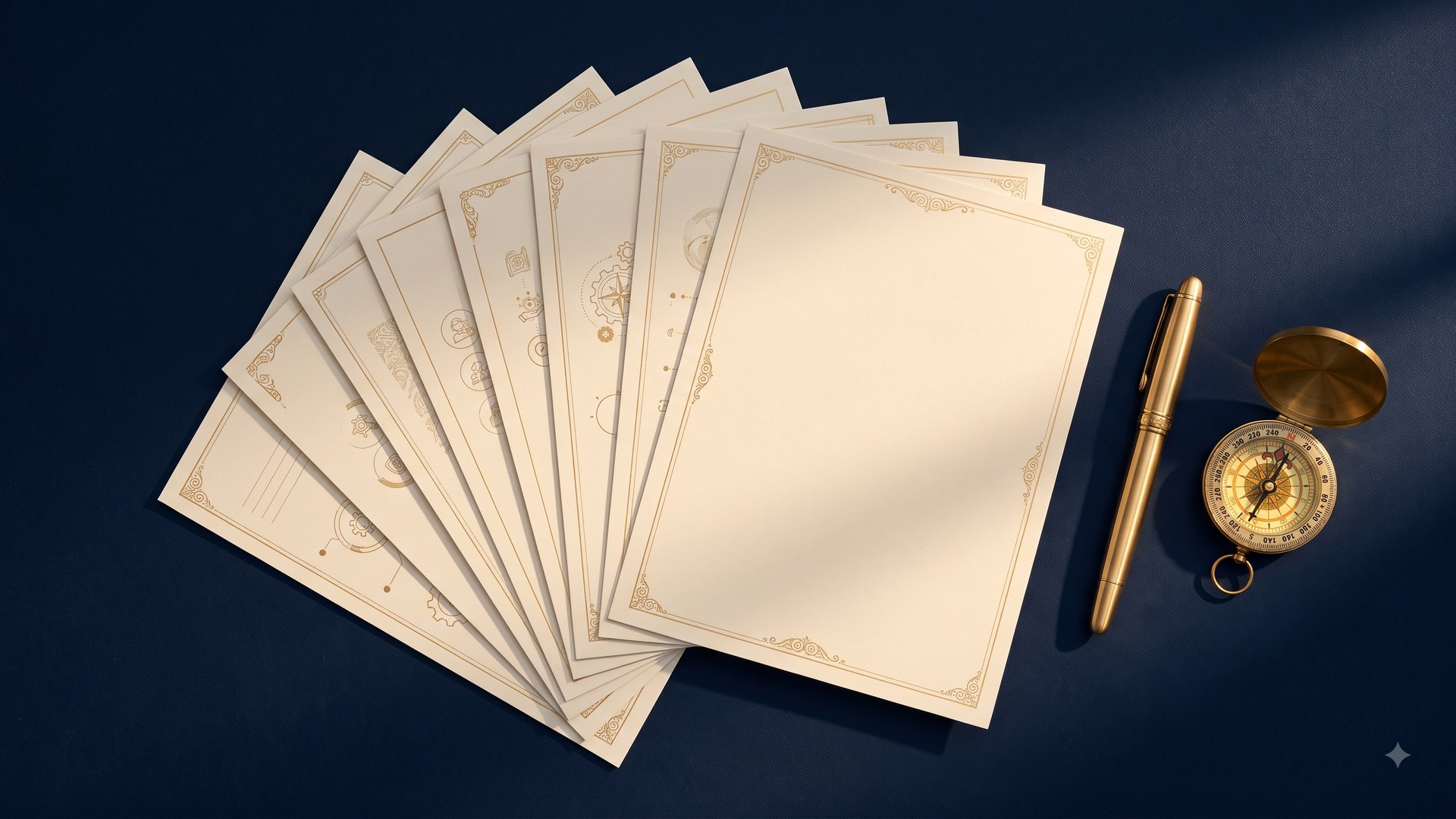 A fanned stack of cream worksheets with a gold pen and compass on navy